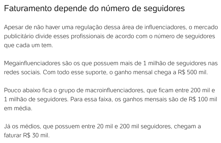 Estimativa do faturamento dos influenciadores digitais, segundo o UOL. 