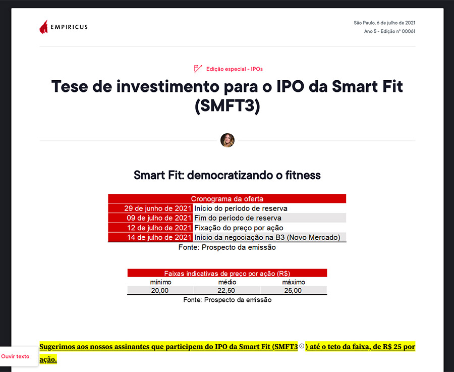 Relatório com tese de investimento do IPO de Smartfit SMFT3