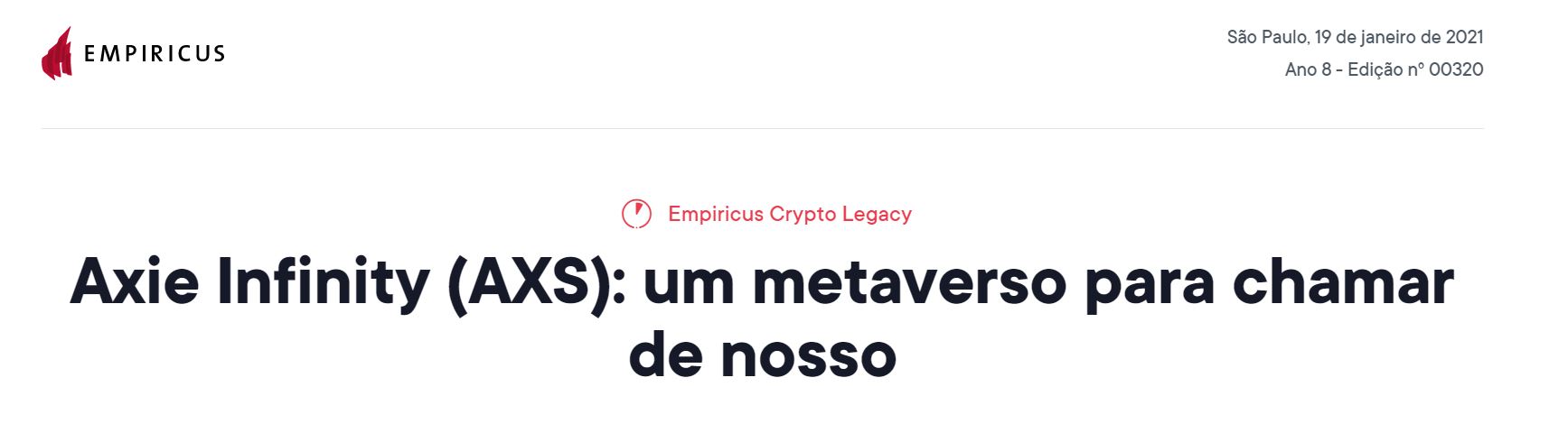 Relatório escrito por André Franco define criptomoeda AXS como a melhor forma de capturar o crescimento do novo segmento de NFTs