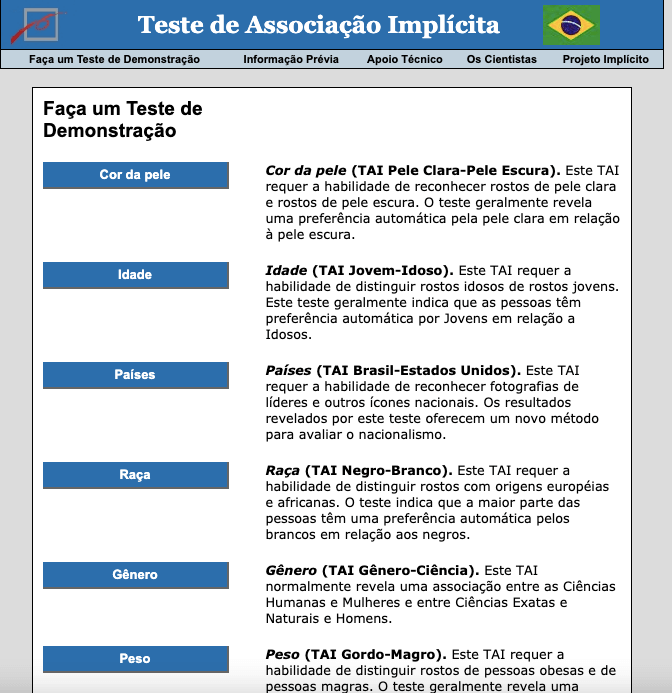 Print do teste de associação implícita de Harvard.