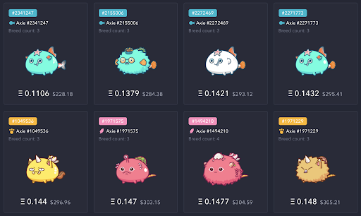 marketplace do jogo; nele, vemos os axies a venda