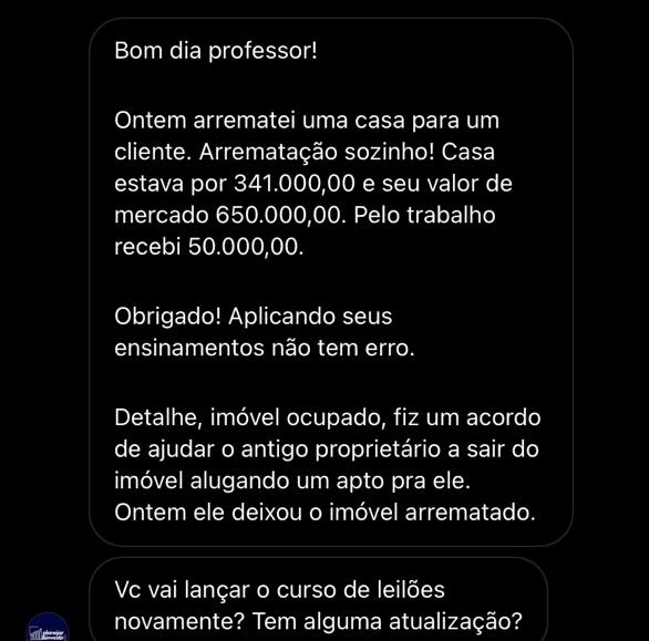 A imagem mostra print da conversa de um aluno de Granville que obteve uma comissão de 14,6% pela arrematação realizada. Imagem: Reprodução Instagram Lerry Granville