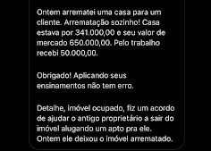 O print mostra depoimento de assistente de arrematação que recebeu R$ 50 mil de comissão pelo imóvel arrematado com “desconto”