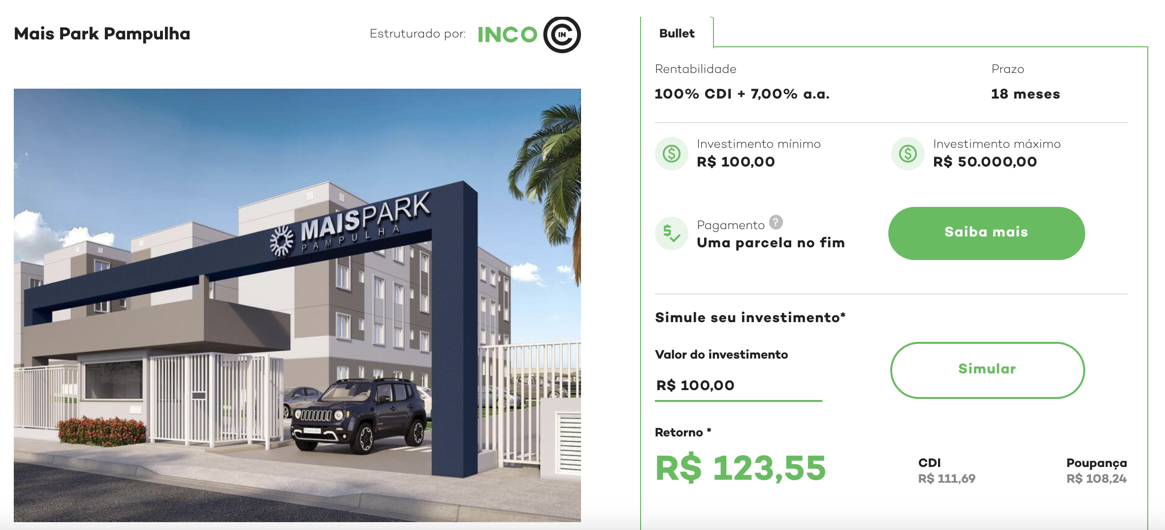 Print de uma das ofertas da INCO, plataforma de investimento coletivo