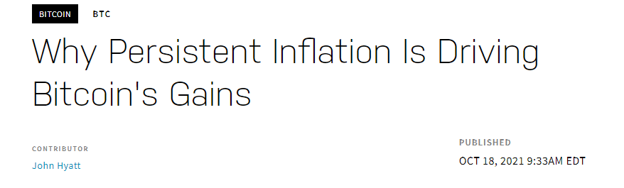 Publicação da Nasdaq diz que inflação está ocasionando alta na cotação do Bitcoin.