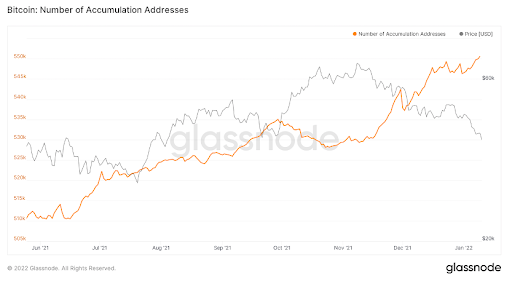 Gráfico que mostra acúmulo de BTC ascendente durante a queda do preço da moeda