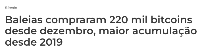 manchete dizendo que baleias fizeram maior acumulação de bitcoins desde 2019