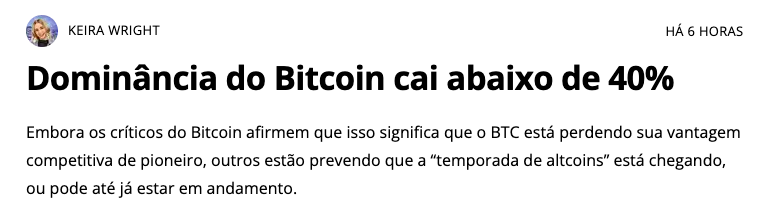 manchete: dominância do bitcoin cai abaixo de 40%