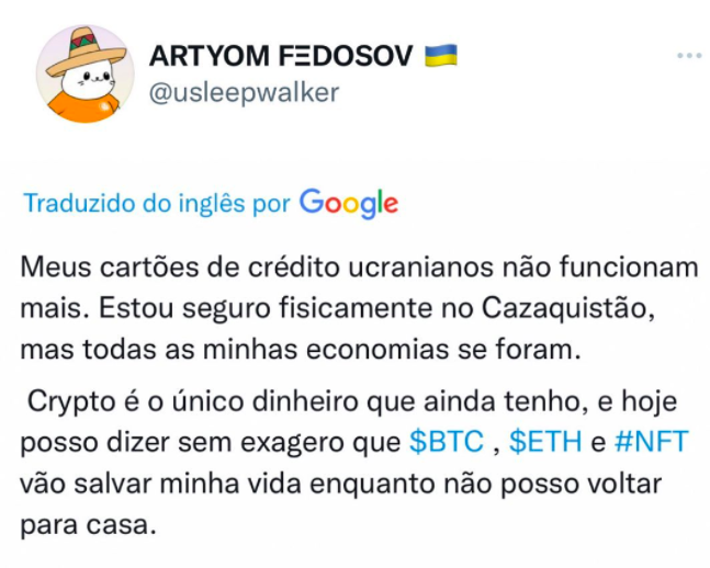 tweet de um ucraniano contando que suas contas foram bloqueadas e seus investimentos em bitcoin e ethereum vão salvar sua vida