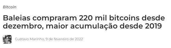 Baleias compraram 220 mil bitcoins desde dezembro, maior acumulação desde 2019