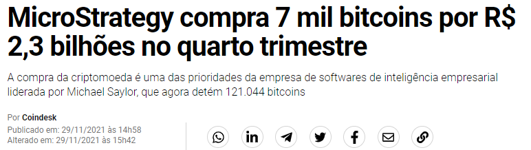 MicroStrategy compra 7 mil bitcoins por R$ 2,3 bilhões no quaro trimestre