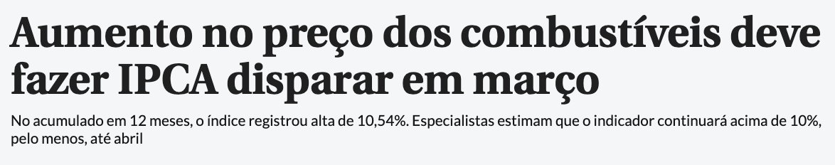 manchete: aumento no preço dos combustíveis deve fazer ipca disparar em março