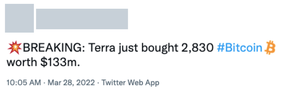 URGENTE: O projeto Terra acaba de comprar 2.830 bitcoins valendo US$ 133 milhões. 