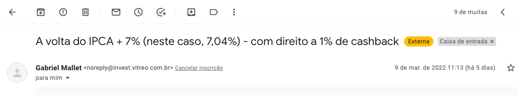 print de um email com oportunidade de título de renda fixa pagando ipca + 7,04%