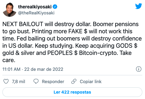 O próximo bailout vai destruir o dólar. Fundos de pensões vão ser destruídos. Imprimir mais dinheiro falso não vai funcionar dessa vez. O FED resgatando boomers vai destruir a confiança no dólar americano. Continuem estudando. Continuem comprando o dinheiro de Deus, ouro e prata, e o dinheiro do povo, Bitcoin e criptomoedas. Tomem cuidado.