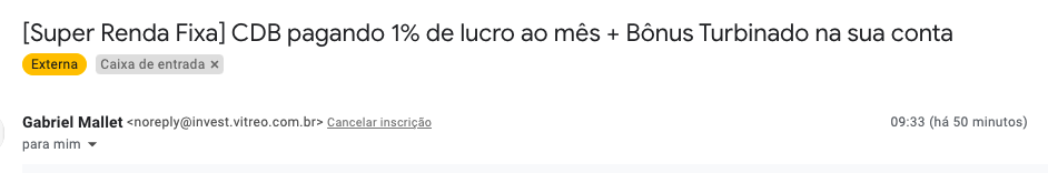 print de um email com oportunidade de título de renda fixa pagando 1% ao mês