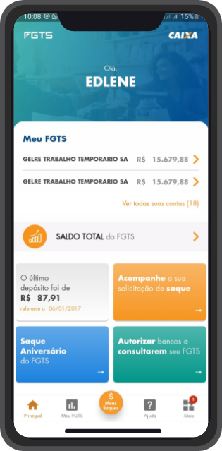 Tela mostra o app de FGTS da Caixa