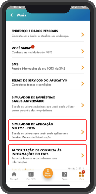 Tela do app do FGTS de autorização de consulta de valores 