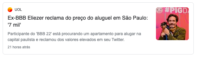 Manchete: Ex-BBB Eliezer reclama do preço do aluguel em São Paulo: '7 mil'