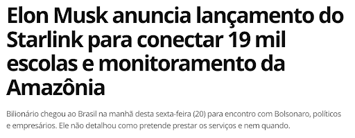 Manchete sobre projeto de Elon Musk na Amazônia