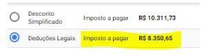 Print de leitora do valor a pagar no Imposto de Renda, sem o PGBL