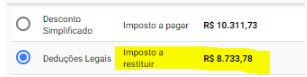 Print de leitora do valor a restituir no Imposto de Renda, com o PGBL