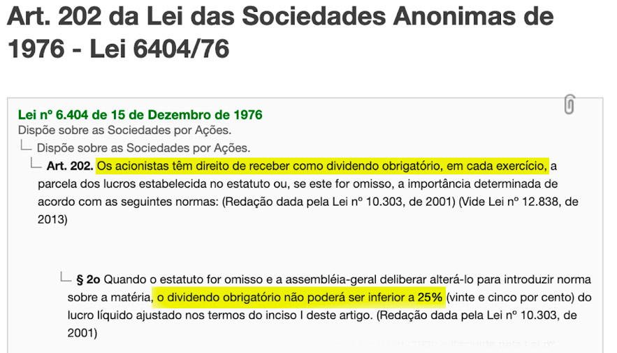 Print mostra Lei n. 6.404 que diz: "os acionistas têm direito de receber como dividendo obrigatório, em cada exercício, a parcela dos lucros estabelecida no estatuto