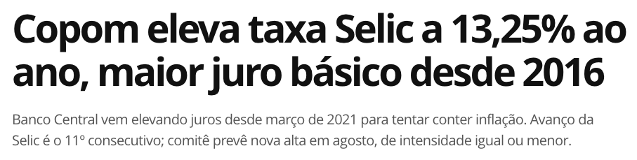 Copom eleva taxa Selic a 13,25% ao ano, maior juro básico desde 2016