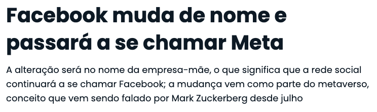 Manchete: Facebook muda de nome e passará a se chamar Meta