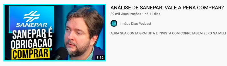 Vídeo no YouTube com título: "ANÁLISE DE SANEPAR: VALE A PENA COMPRAR?"