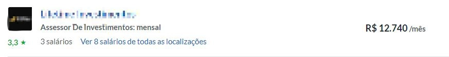 Print mostrando 3 vagas de Assessor de Investimentos no LinkedIn, com salários de R$ 8.887, R$ 10.106 e R$ 12.740