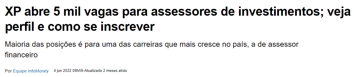 XP abre 5 mil vagas para assessores de investimentos.