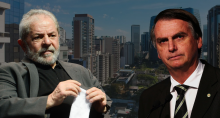 Montagem de Lula e Bolsonaro com prédios da Avenida Faria Lima ao fundo