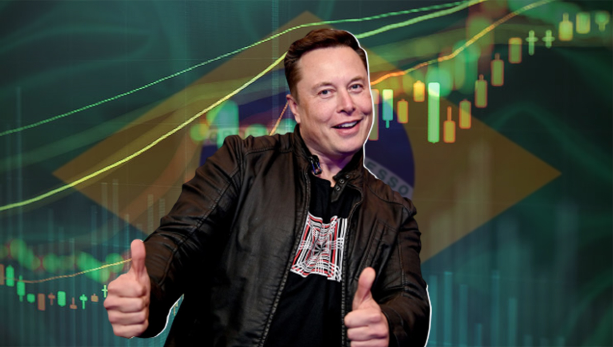 Elon Musk em frente a uma bandeira do Brasil