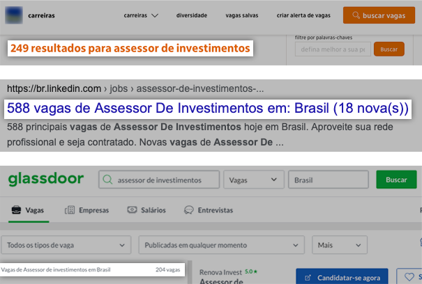 Print mostrando vagas de Assessor de Investimentos no LinkedIn, Glassdoor e Itaú