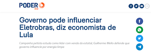 Manchete Poder360: Governo pode influenciar Eletrobras, diz economista de Lula