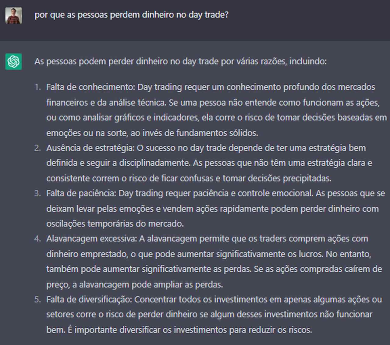 ChatGPT explica por que as pessoas perdem dinheiro com day trade