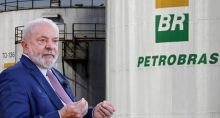 Lula na frente de logo da Petrobras