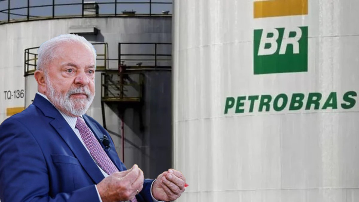 Lula na frente de logo da Petrobras