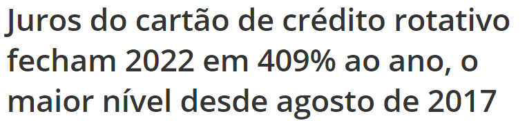 Juros do cartão de crédito rotativo fecham 2022 em 409% ao ano, o maior nível desde agosto de 2017