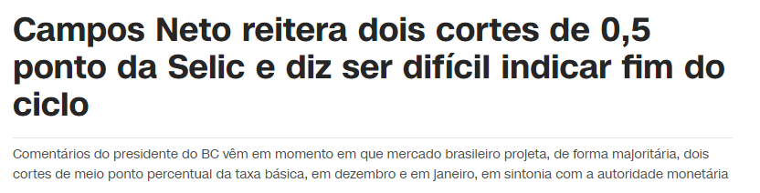 Campos Neto reitera dois cortes de 0,5 ponto da Selic e diz ser difícil indicar fim do ciclo