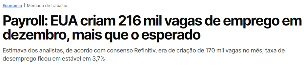 Payroll: EUA criam 216 mil vagas de emprego em dezembro, mais que o esperado