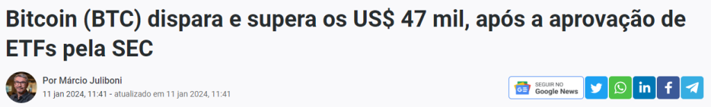 Bitcoin (BTC) dispara e supera os US$ 47 mil, após a aprovação de ETFs pela SEC