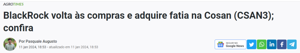 BlackRock volta às compras e adquire fatia na Cosan (CSAN3); confira