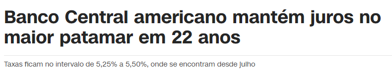 Banco Central americano mantém juros no maior patamar em 22 anos