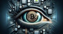 A imagem foi feita com auxílio de inteligência artificial e retrata um olho com um Bitcoin no centro. Ao fundo, referências a Nvidia, com componentes eletrônicos e o logo da marca.