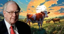 Imagem é uma montagem que mostra o investidor Warren Buffett em frente a um pasto com vacas