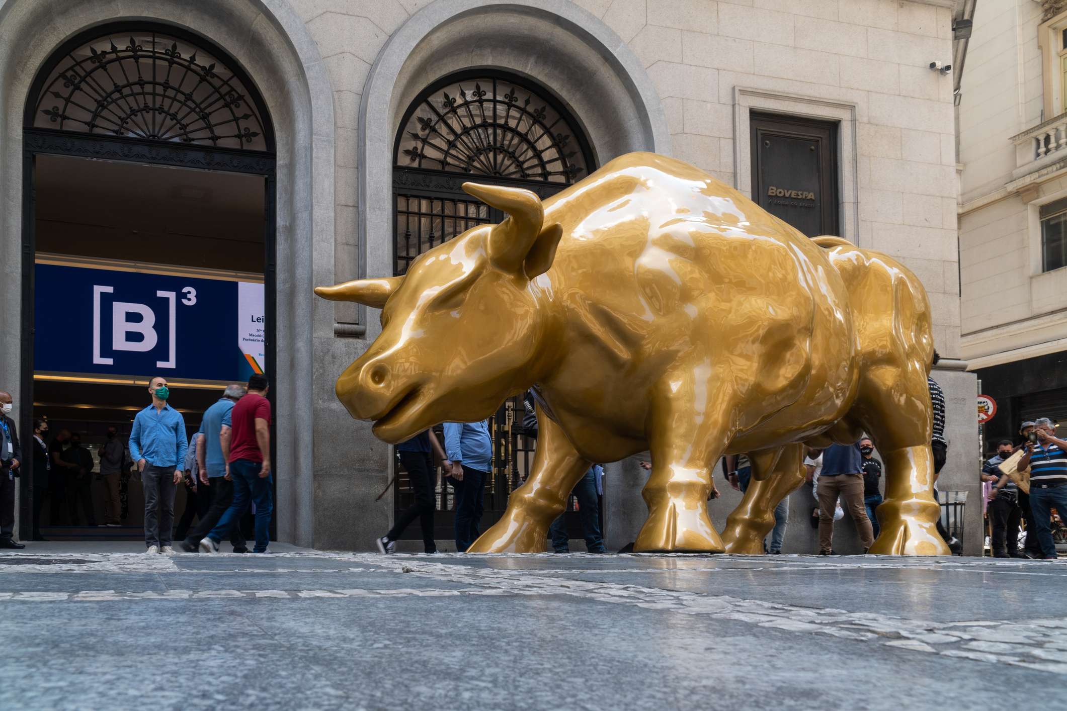 Replica of the statue of the Charging Bull from Wall Street in New York installed in front of the B3 São Paulo Stock Exchange building. Financial and capitalism.