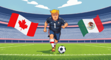 Donald Trump, presidente dos Estados Unidos, correndo em um campo de futebol na Copa do Mundo sediada na América do Norte com as bandeiras de México e Canadá (Imagem: Qwen / Montagem Money Times)